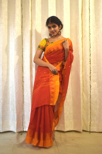 Pratyusha: Brick Red Cotton Chettinadu Saree