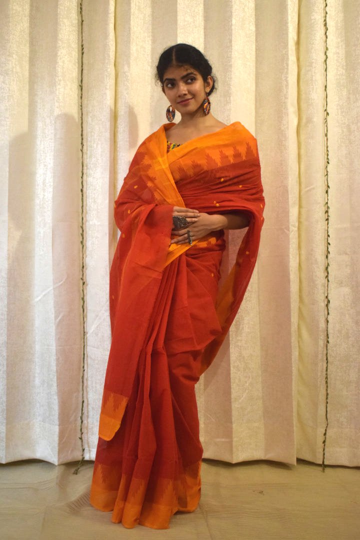 Pratyusha: Brick Red Cotton Chettinadu Saree