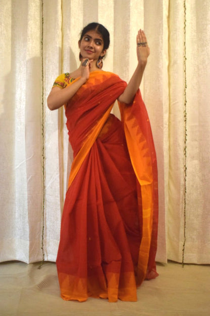 Pratyusha: Brick Red Cotton Chettinadu Saree