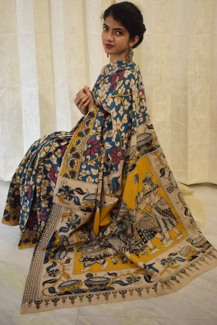 Neelānjali- Blue Cotton Kalamkari saree