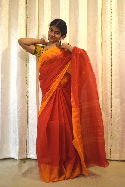 Pratyusha: Brick Red Cotton Chettinadu Saree