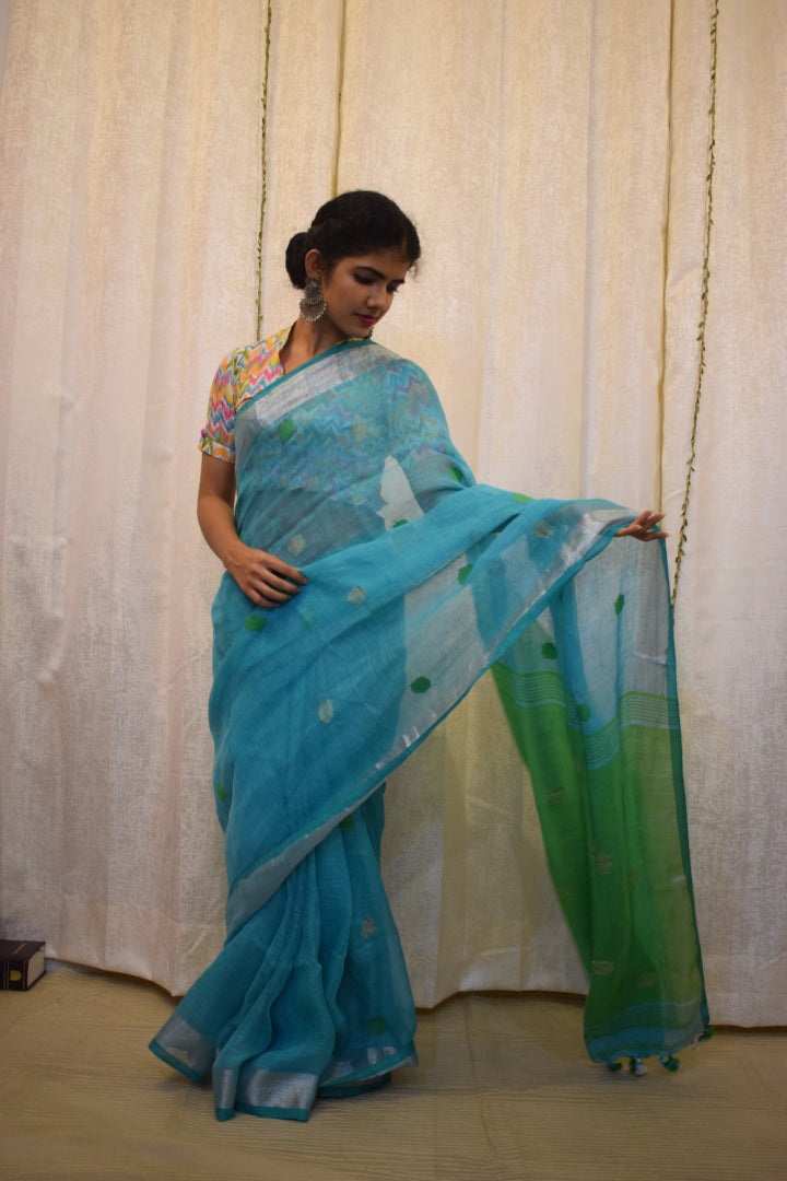 Urmi: Cyan Blue Linen Jamdani Saree