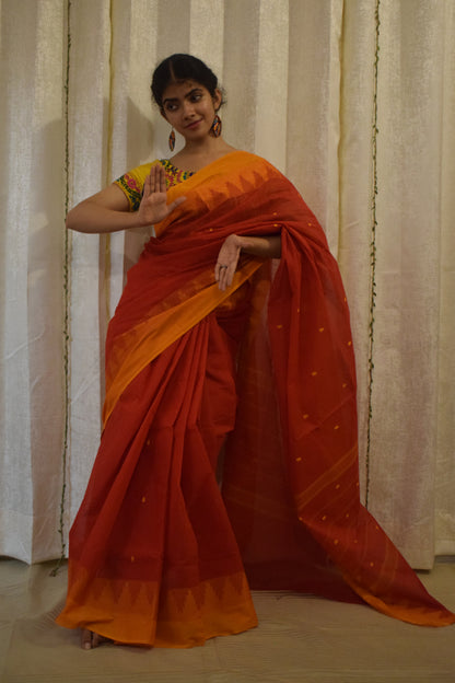 Pratyusha: Brick Red Cotton Chettinadu Saree