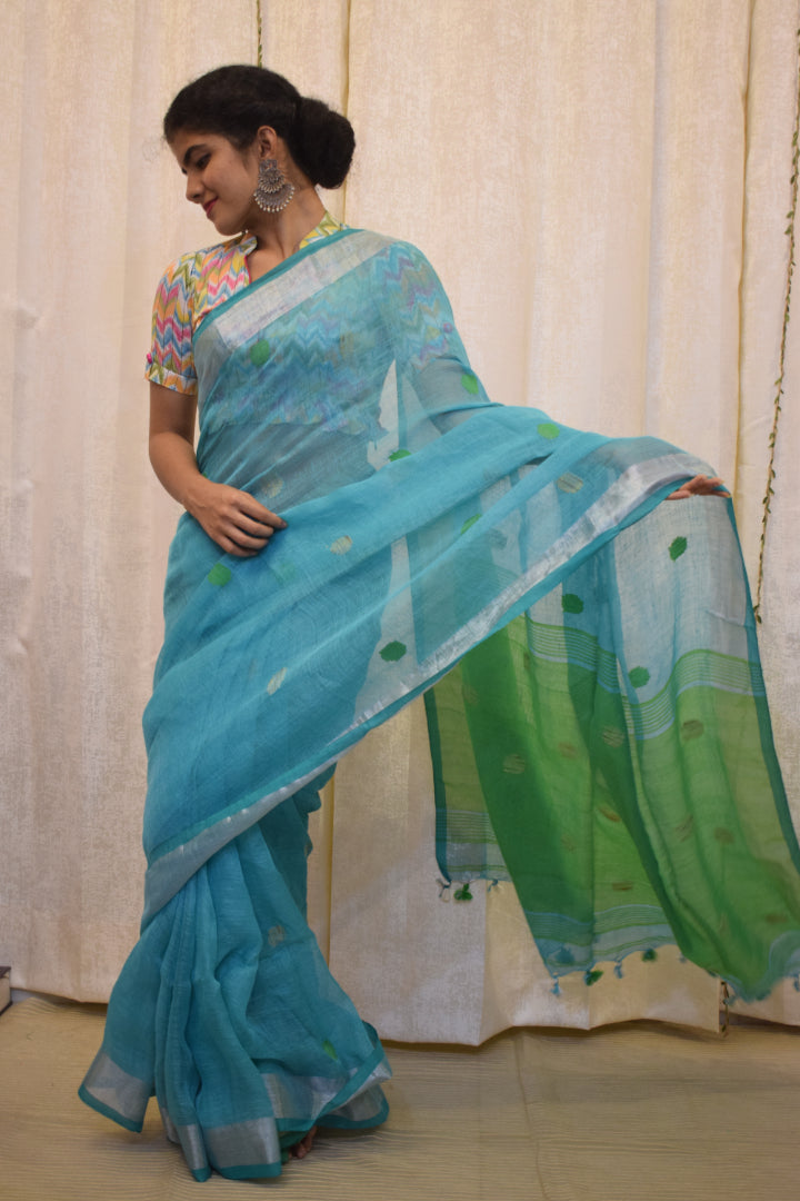 Urmi: Cyan Blue Linen Jamdani Saree