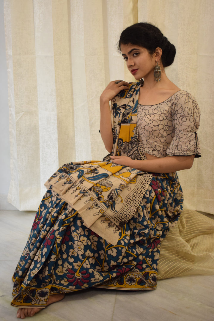 Neelānjali- Blue Cotton Kalamkari saree