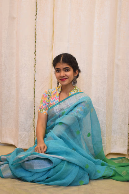 Urmi: Cyan Blue Linen Jamdani Saree