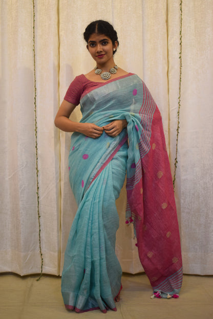 Ambari: Sky Blue Linen Jamdani Saree