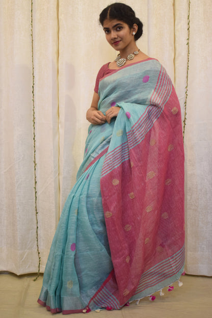 Ambari: Sky Blue Linen Jamdani Saree