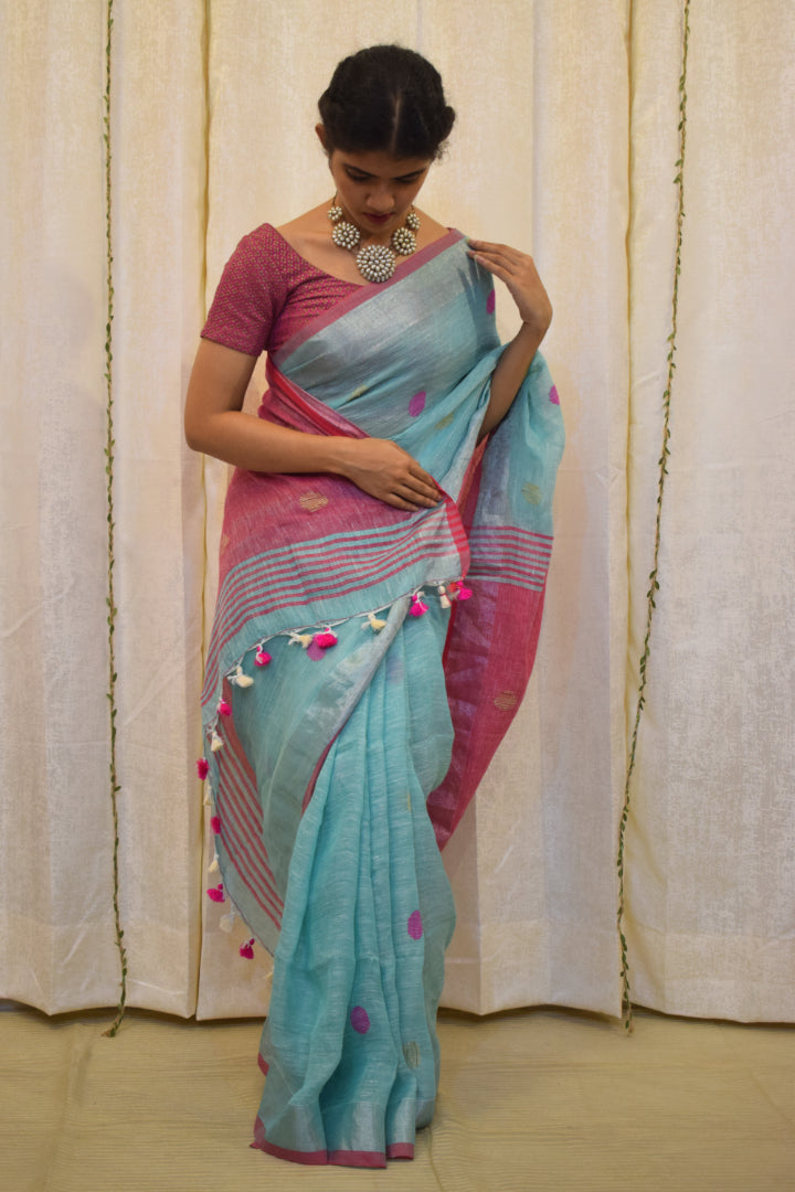 Ambari: Sky Blue Linen Jamdani Saree