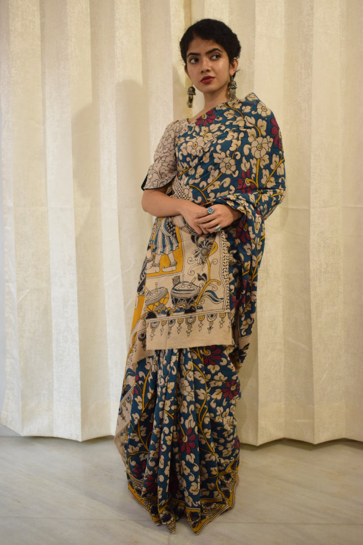 Neelānjali- Blue Cotton Kalamkari saree