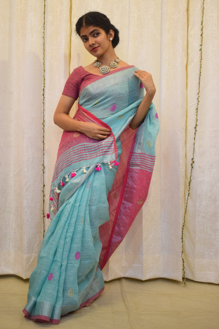 Ambari: Sky Blue Linen Jamdani Saree