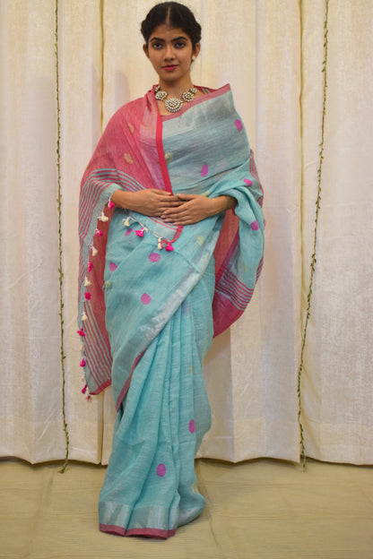 Ambari: Sky Blue Linen Jamdani Saree