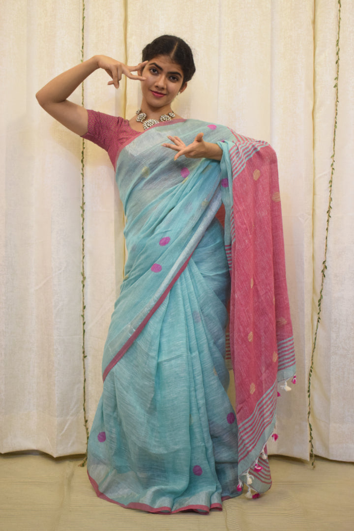 Ambari: Sky Blue Linen Jamdani Saree