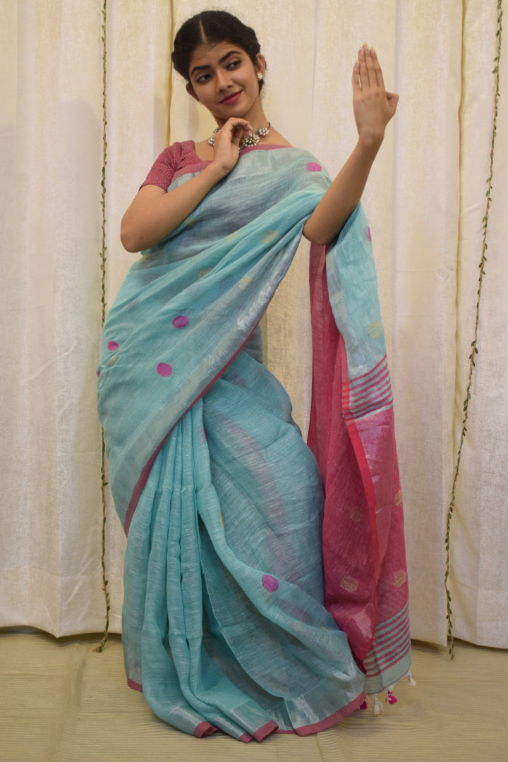 Ambari: Sky Blue Linen Jamdani Saree