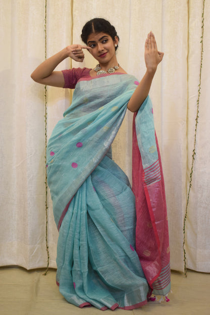 Ambari: Sky Blue Linen Jamdani Saree