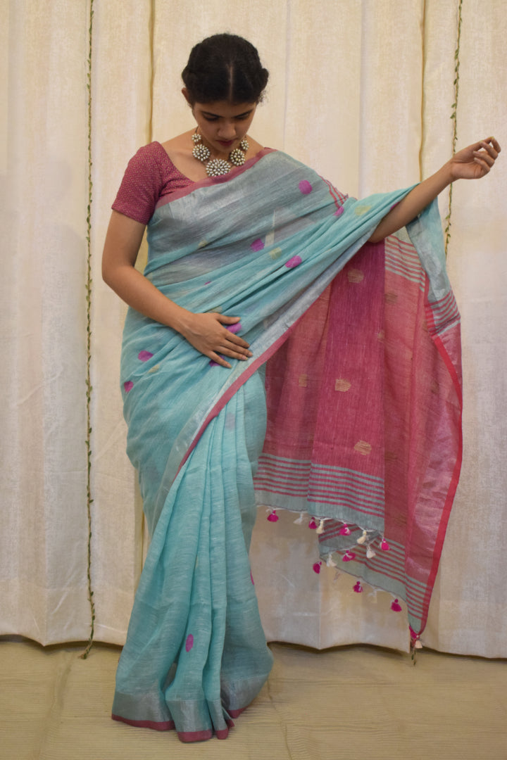 Ambari: Sky Blue Linen Jamdani Saree