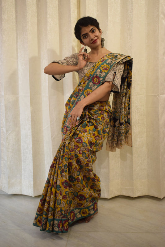 Prakriti - Yellow Cotton Kalamkari Saree