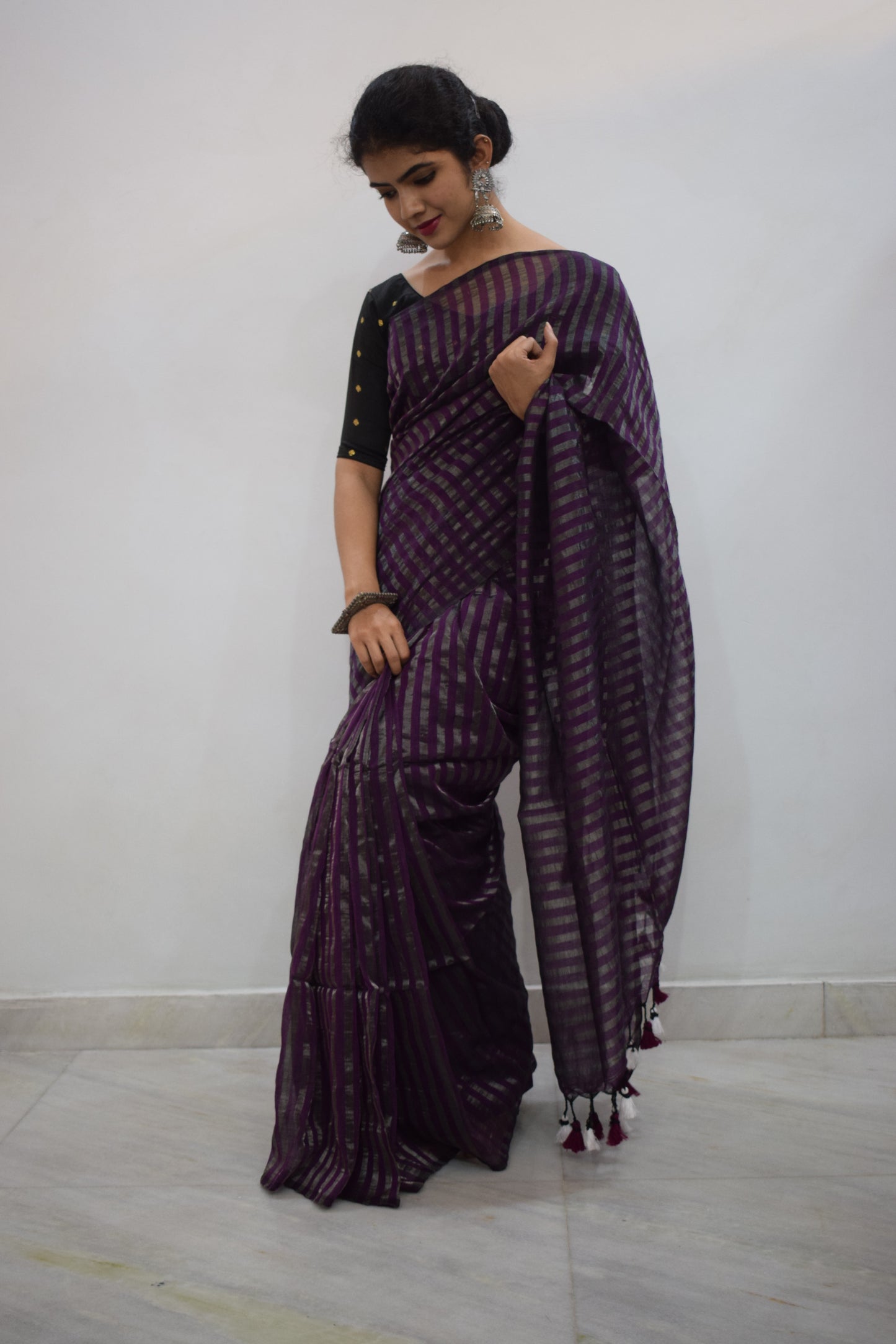 Shambhavi- Dark Magenta Cotton-Zari Stripes Saree