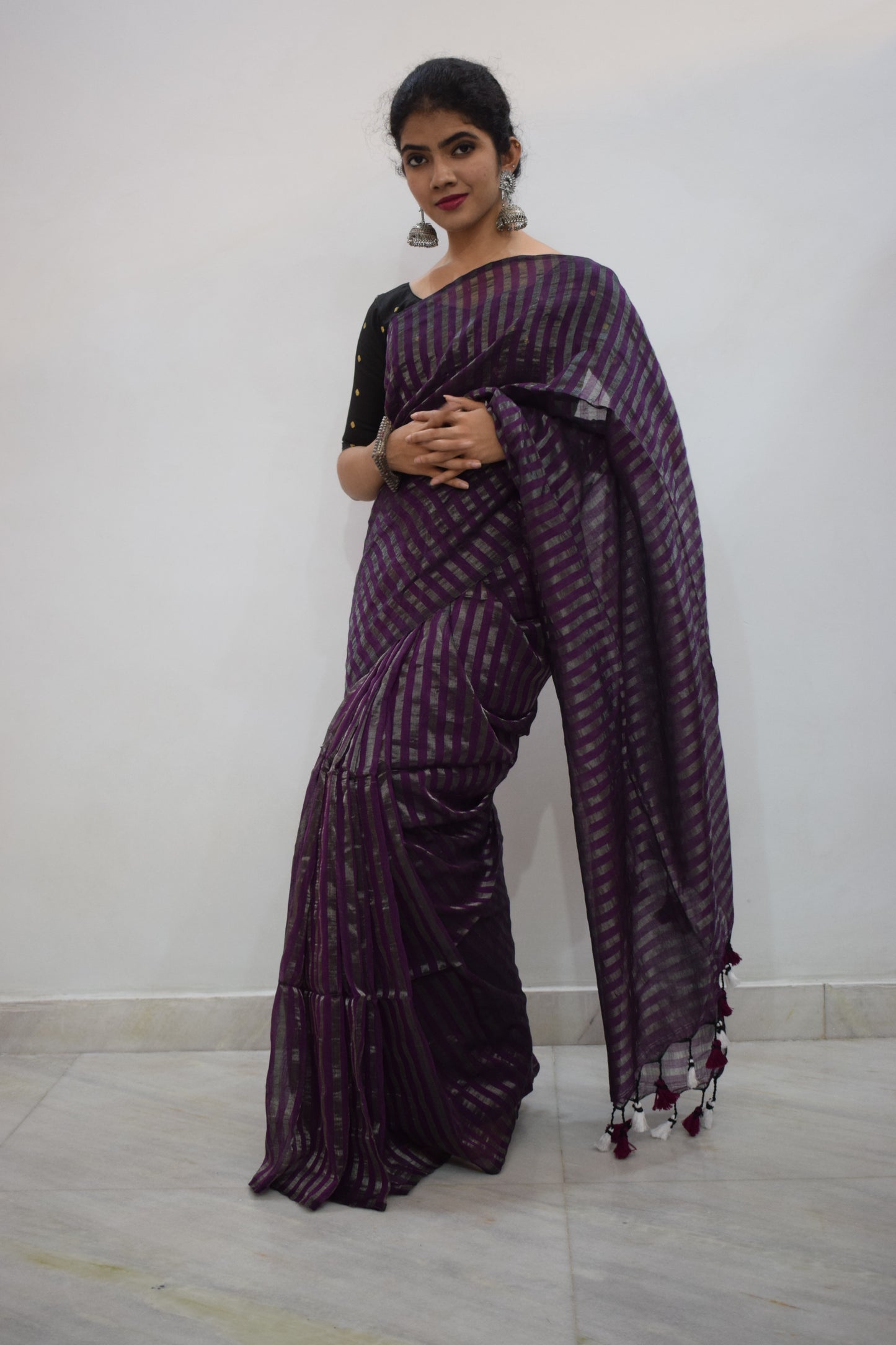 Shambhavi- Dark Magenta Cotton-Zari Stripes Saree