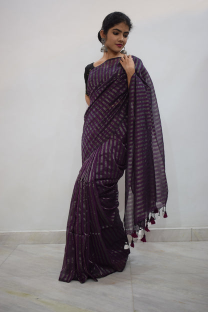 Shambhavi- Dark Magenta Cotton-Zari Stripes Saree