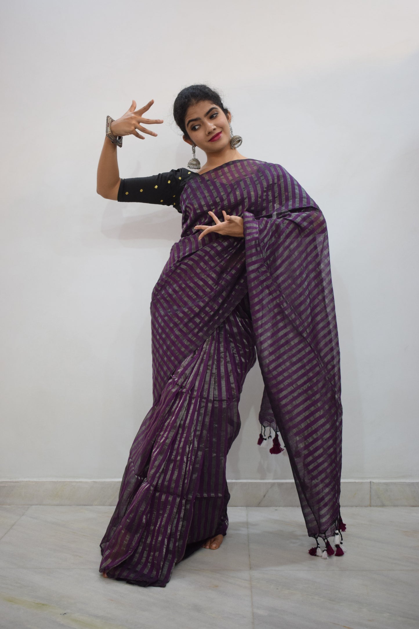 Shambhavi- Dark Magenta Cotton-Zari Stripes Saree