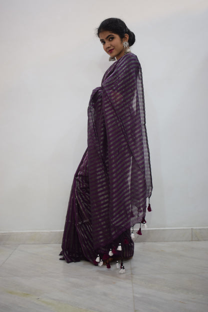 Shambhavi- Dark Magenta Cotton-Zari Stripes Saree