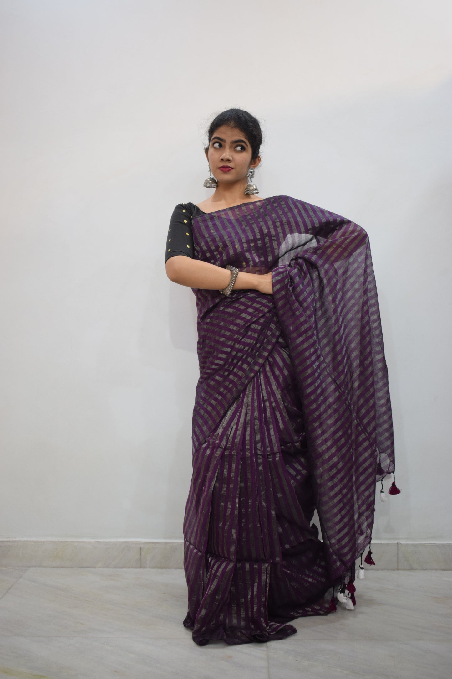 Shambhavi- Dark Magenta Cotton-Zari Stripes Saree