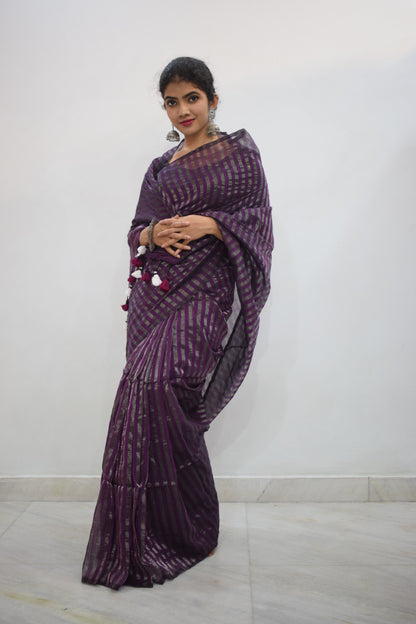 Shambhavi- Dark Magenta Cotton-Zari Stripes Saree