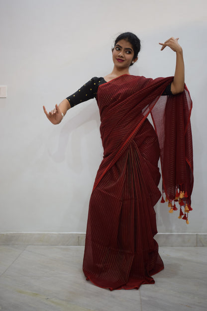 Nakshatra- Deep Red Mulmul-Zari Stripes Saree