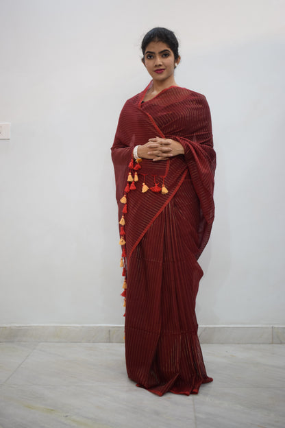 Nakshatra- Deep Red Mulmul-Zari Stripes Saree