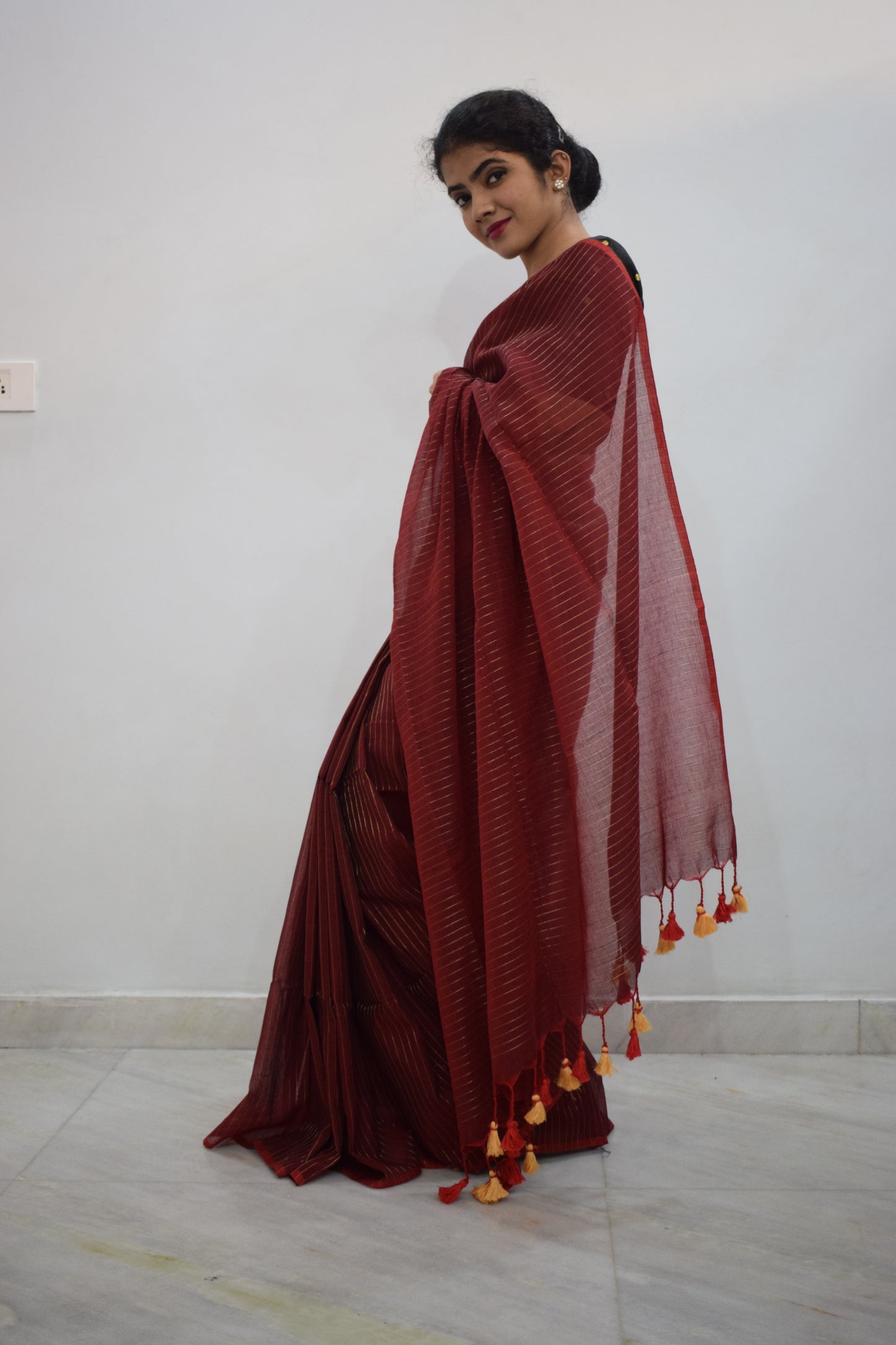 Nakshatra- Deep Red Mulmul-Zari Stripes Saree