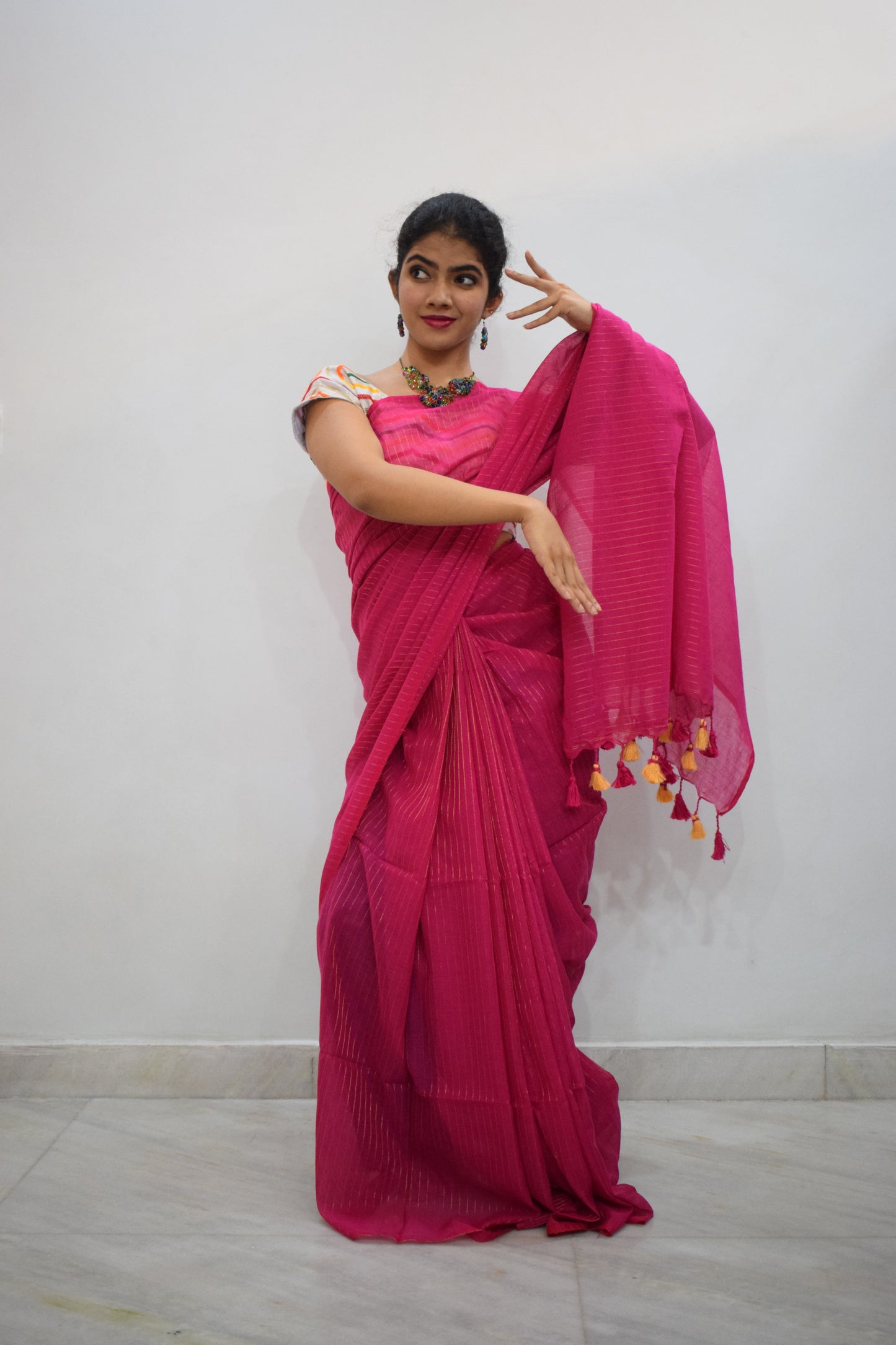 Vallāri- Fuchsia Pink Mulmul-Zari Stripes Saree