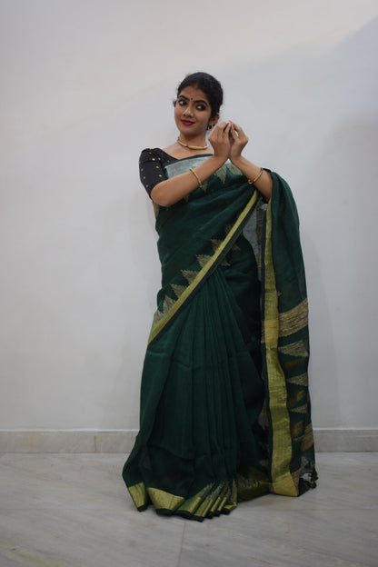 Shaila- Green Linen Temple Jamdani Saree