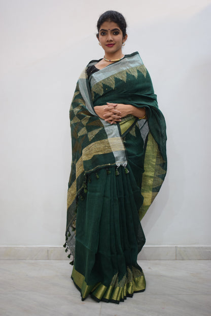 Shaila- Green Linen Temple Jamdani Saree