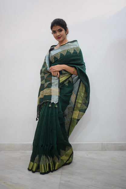 Shaila- Green Linen Temple Jamdani Saree