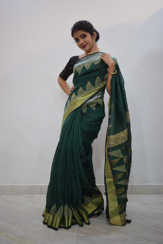 Shaila- Green Linen Temple Jamdani Saree