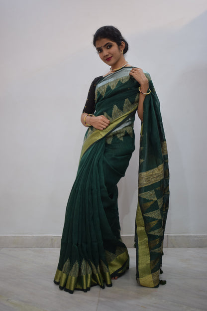 Shaila- Green Linen Temple Jamdani Saree