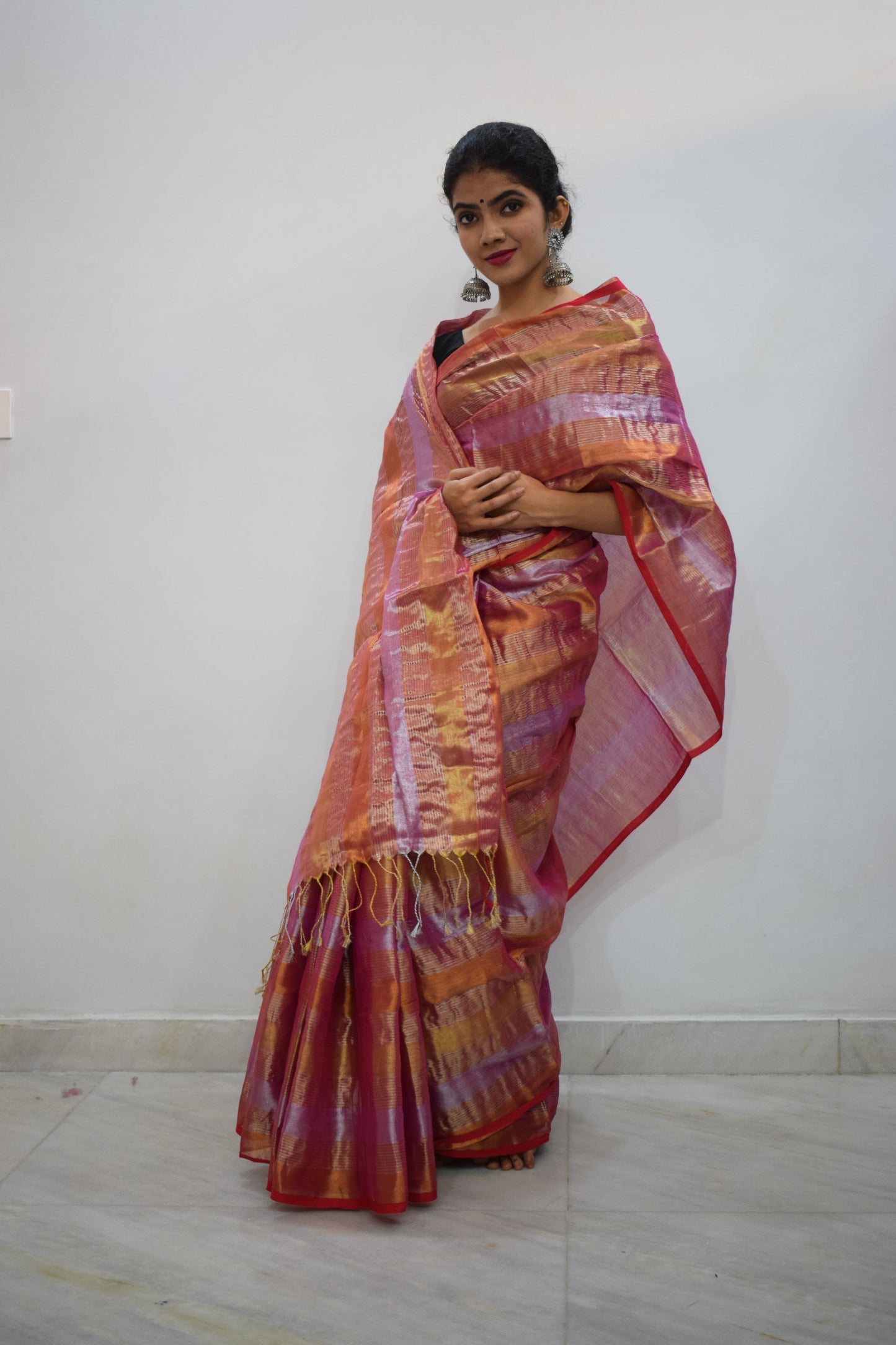 Arunimā- Copper & Pink Mul-Zari Tissue Saree