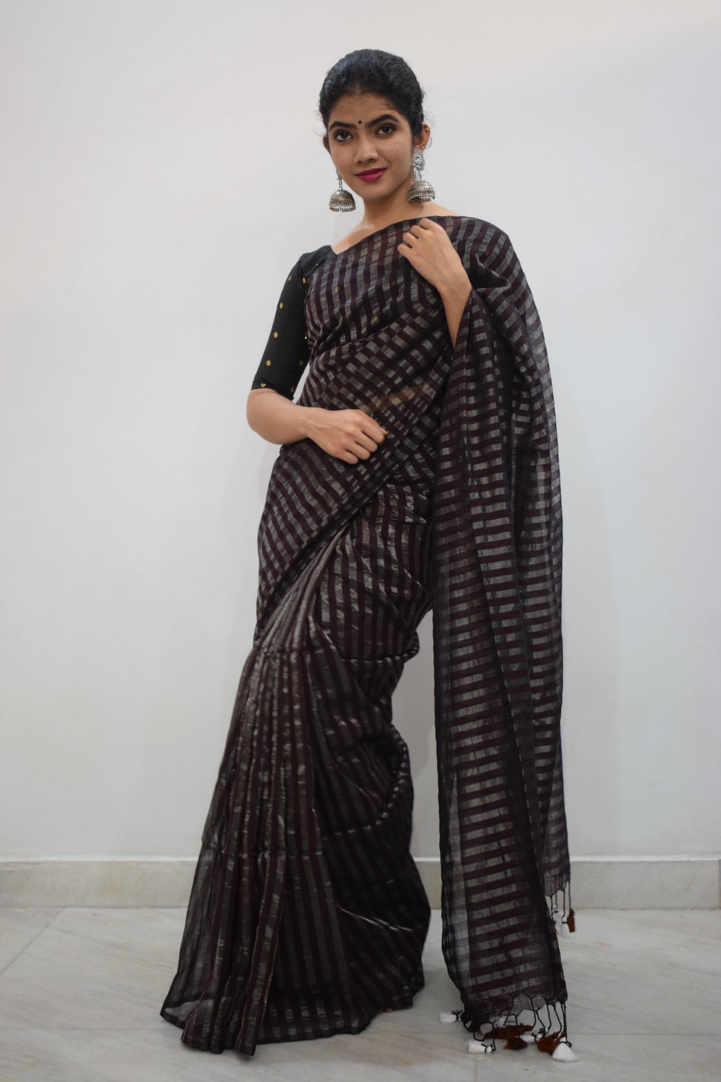 Rudrāpriyā: Dark Wine Cotton-Zari Stripes Saree