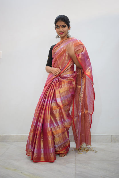 Arunimā- Copper & Pink Mul-Zari Tissue Saree