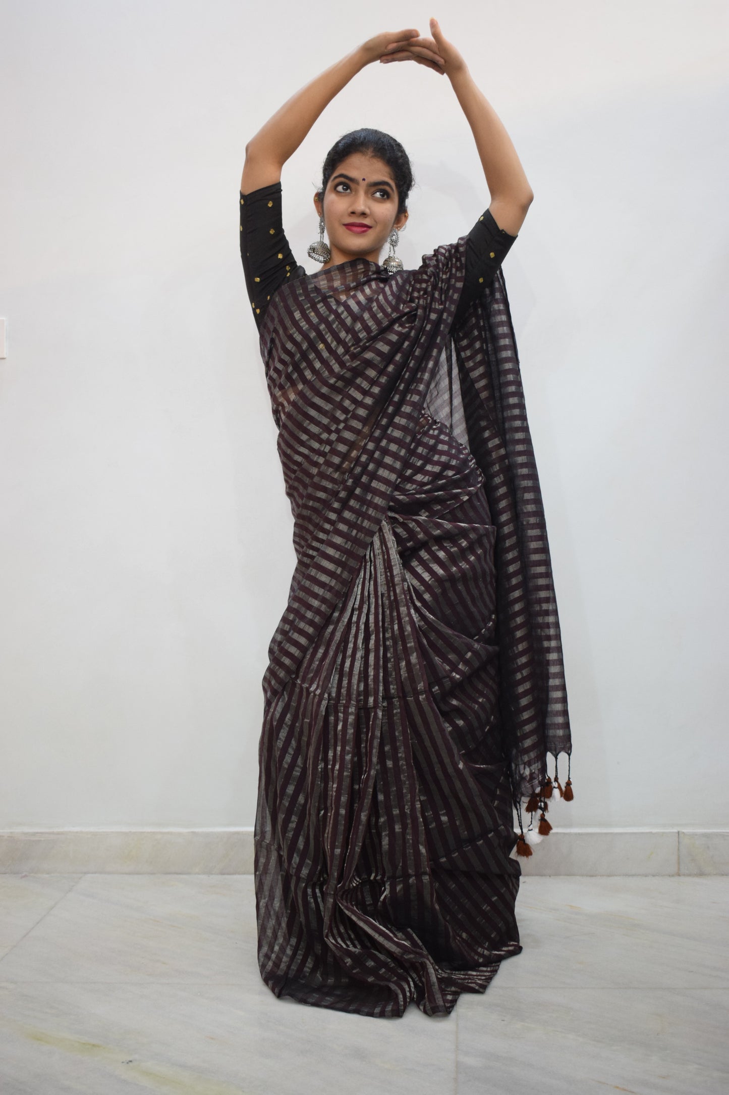 Rudrāpriyā: Dark Wine Cotton-Zari Stripes Saree