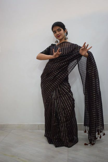 Rudrāpriyā: Dark Wine Cotton-Zari Stripes Saree