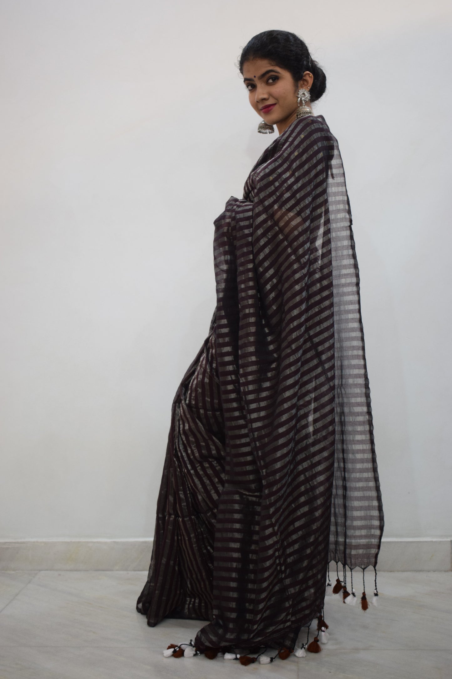 Rudrāpriyā: Dark Wine Cotton-Zari Stripes Saree