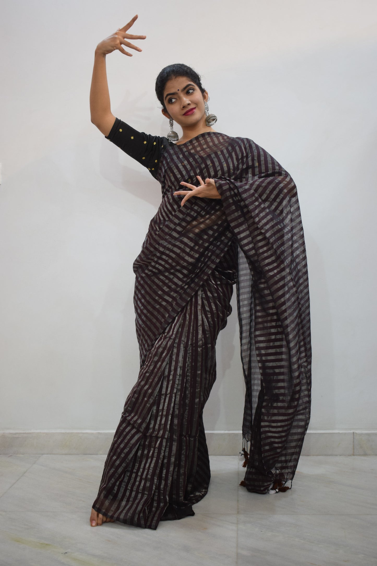 Rudrāpriyā: Dark Wine Cotton-Zari Stripes Saree