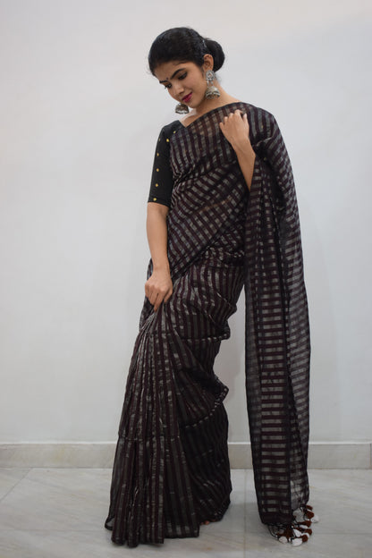 Rudrāpriyā: Dark Wine Cotton-Zari Stripes Saree