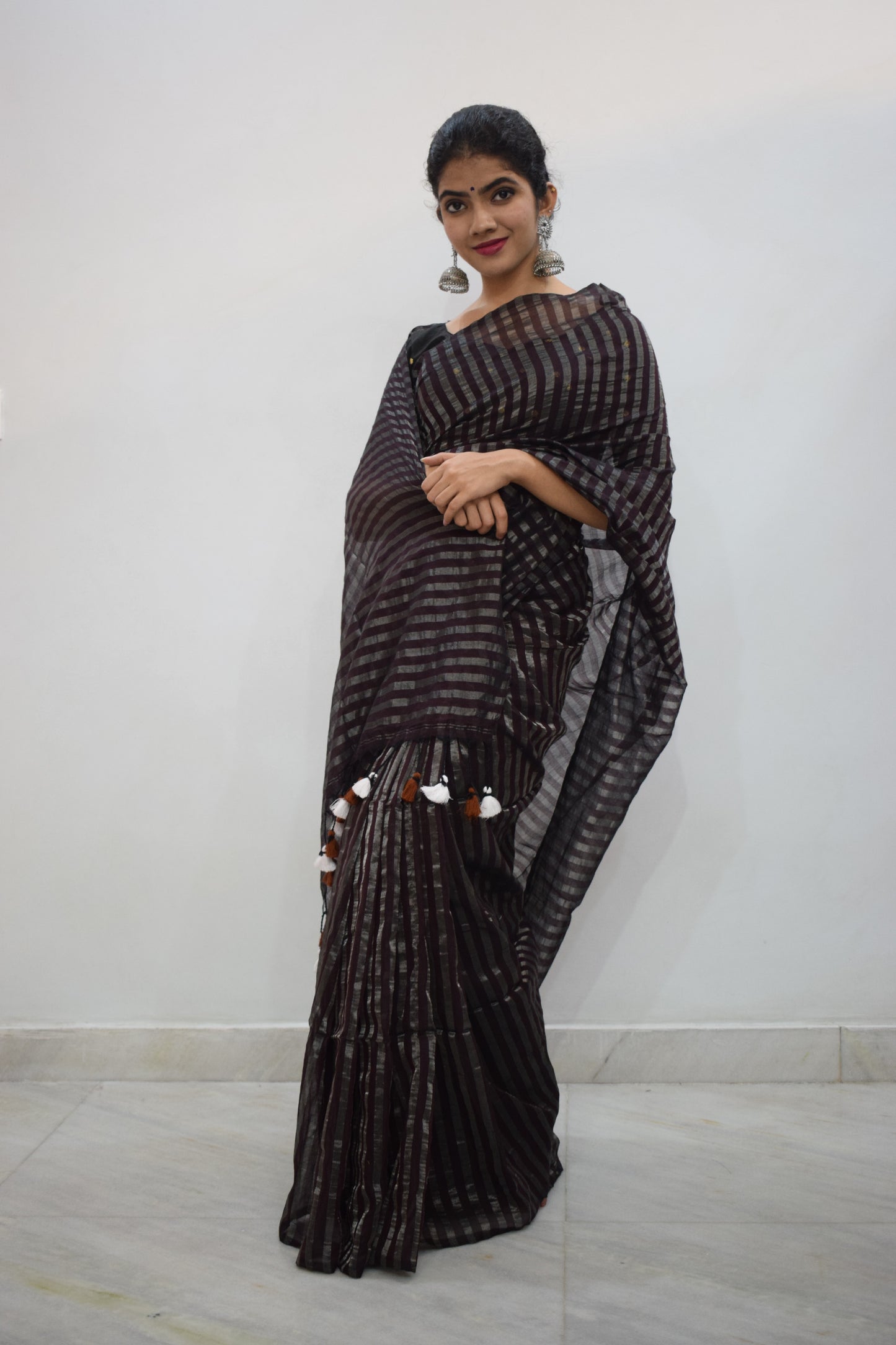 Rudrāpriyā: Dark Wine Cotton-Zari Stripes Saree