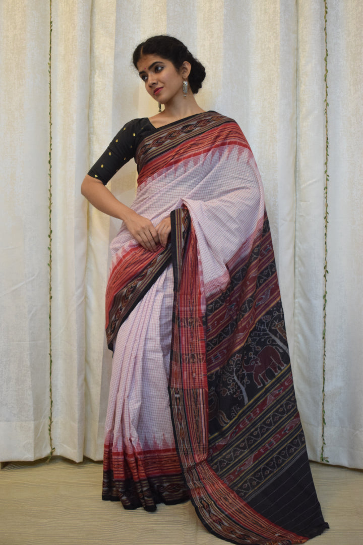 Shubratha: White & Red Khandua Sachipar cotton saree