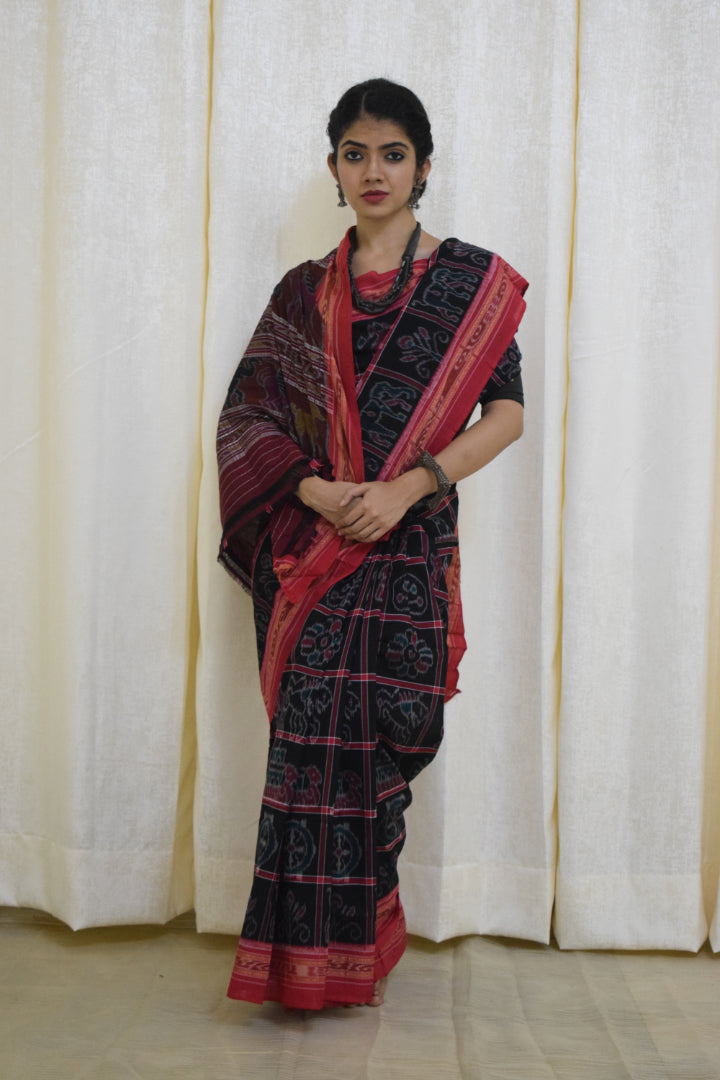 Anandi: Black & Red Sambalpuri Nabakothi cotton saree