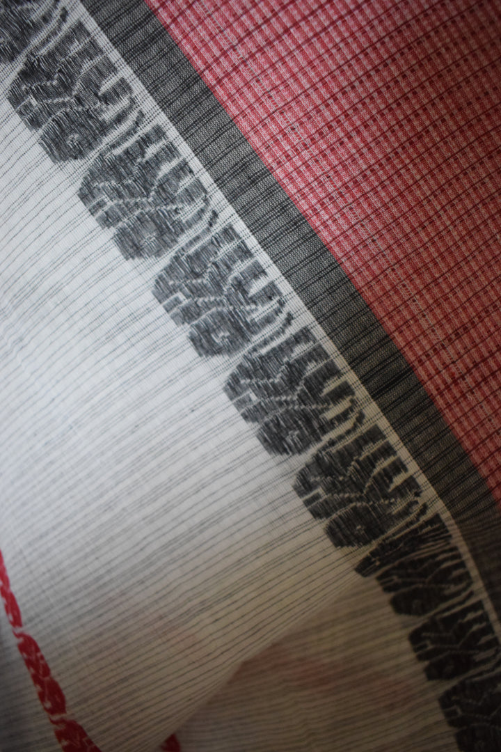 Ibha: White and red elephant motif Dhaniakhali saree