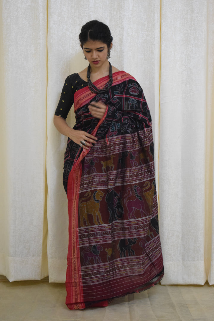 Anandi: Black & Red Sambalpuri Nabakothi cotton saree